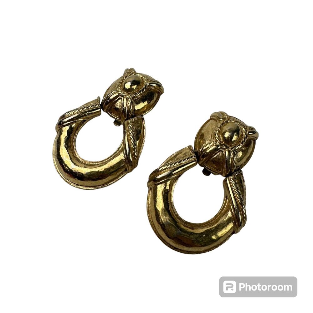 Vintage Givenchy Gold Plated Logo Door Knockers Clip-on Earrings Dangle Signed - Picture 2 of 8